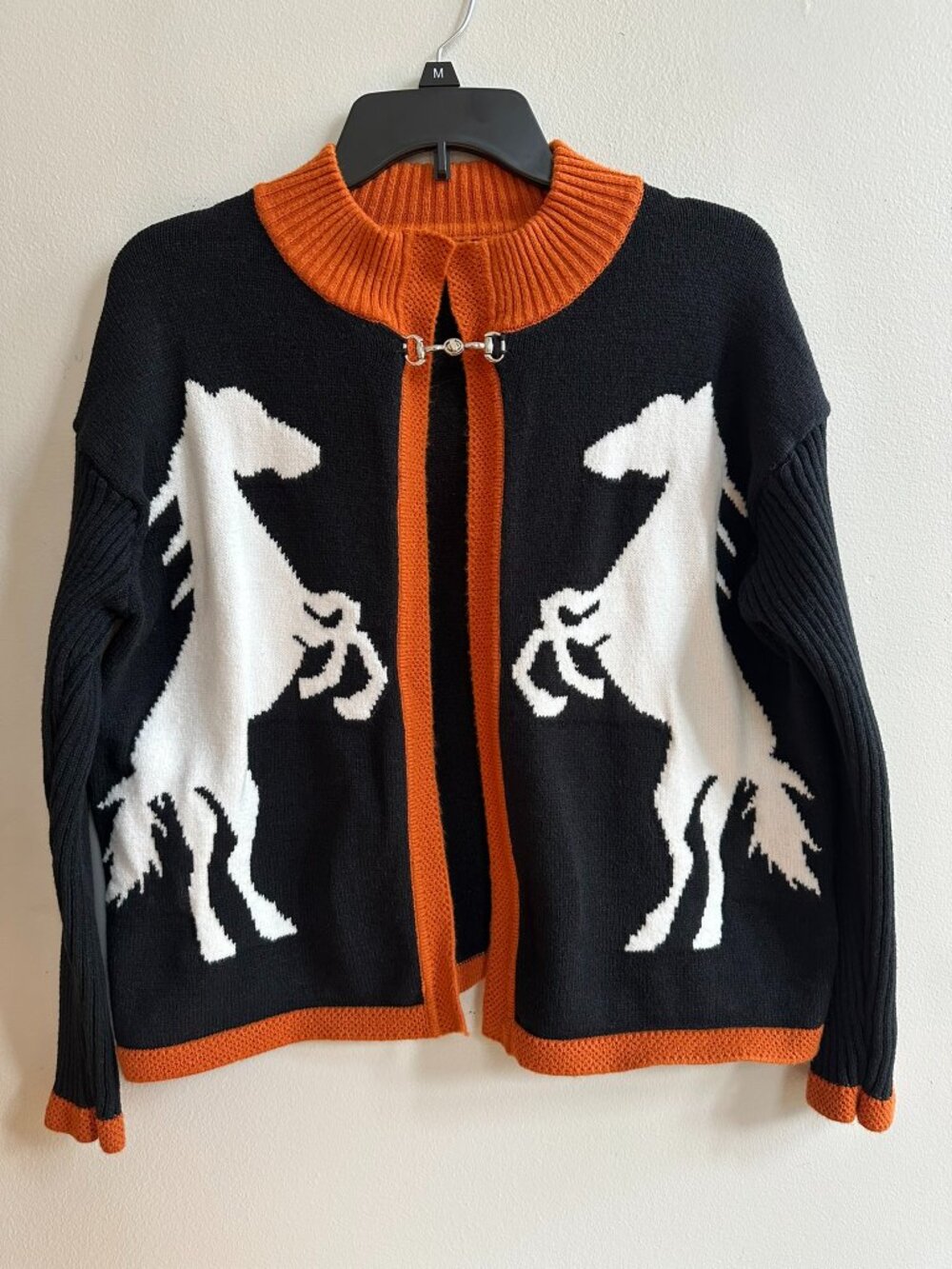 Horse Design Cardigan Sweater Black, White, Burnt Orange Women's Size Medium